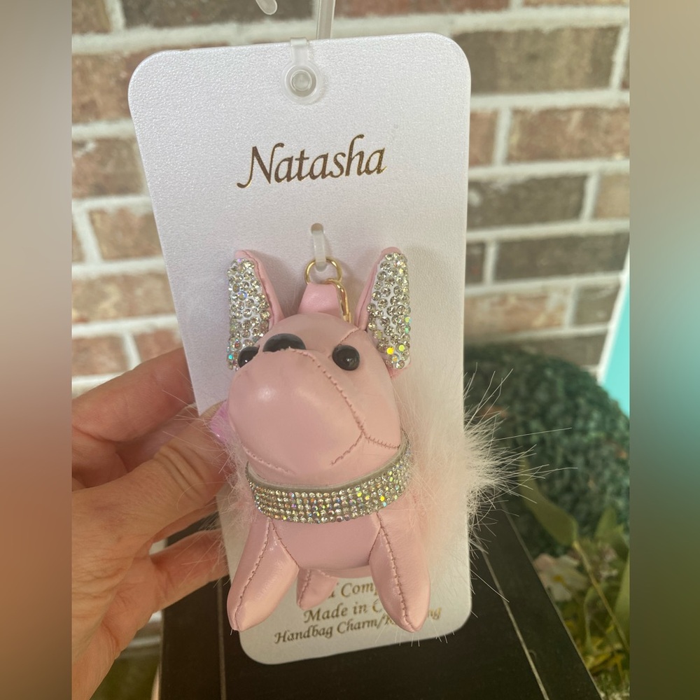 Natasha Couture Light Pink Rhinestone French Bulldog Bag Charm